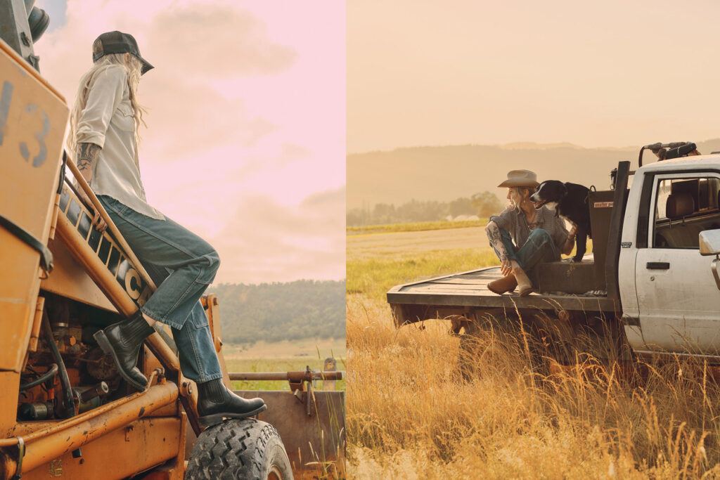 Split image: Left, a person in jeans and boots sits on a tractor, side view, outdoors. Right, the same person with a dog sits on a flatbed truck in a sunny field, mountains in the background.