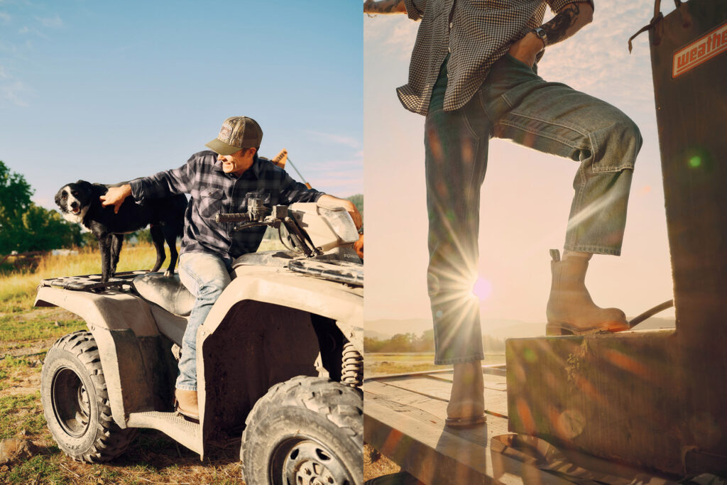 A man in a plaid shirt and cap sits on an ATV petting a black dog outdoors on the left; on the right, a close-up shows someone in rolled-up jeans and boots standing on wooden boards at sunset.