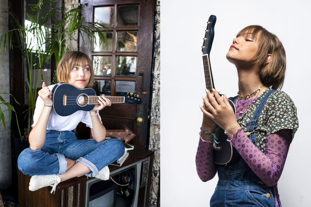 Grace Vanderwaal poses for a portrait session in Brooklyn, NY with her ukulele for a photo shoot with Fender which was photographed by Jonathan Hanson.