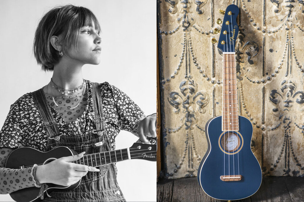Grace Vanderwaal poses for a portrait with her ukulele for a photo shoot with Fender which was produced by NYC production company, Unrivaled. Photographs by Jonathan Hanson.