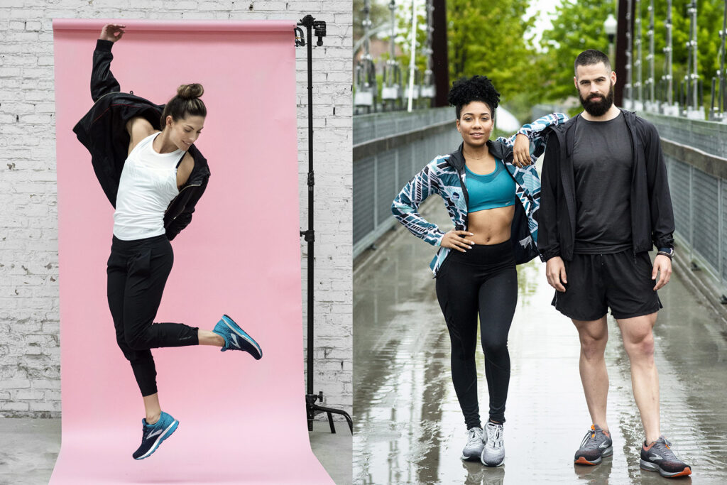 A man and woman are pictured next to another athlete, jumping high in a studio for an e-commerce company. Jonathan Hanson, a photographer represented by Unrivaled, capture the images.