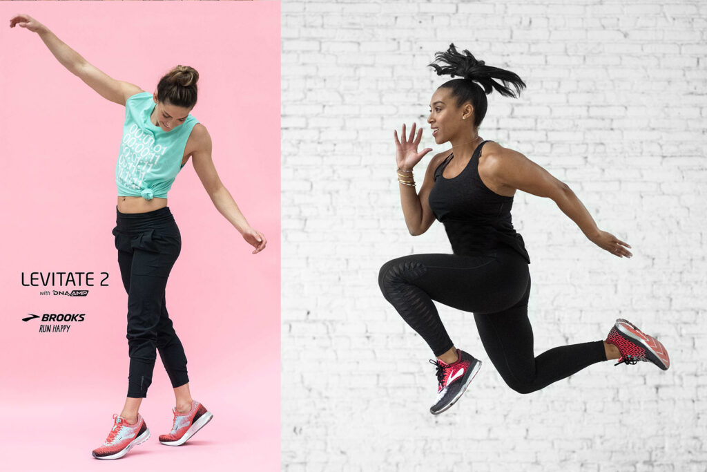 Two sports influencers pose for an e-commerce shoot in a warehouse studio in Chicago. Photography produced by Jonathan Hanson, a photographer represented by Unrivaled, a production company in Chicago and New York.