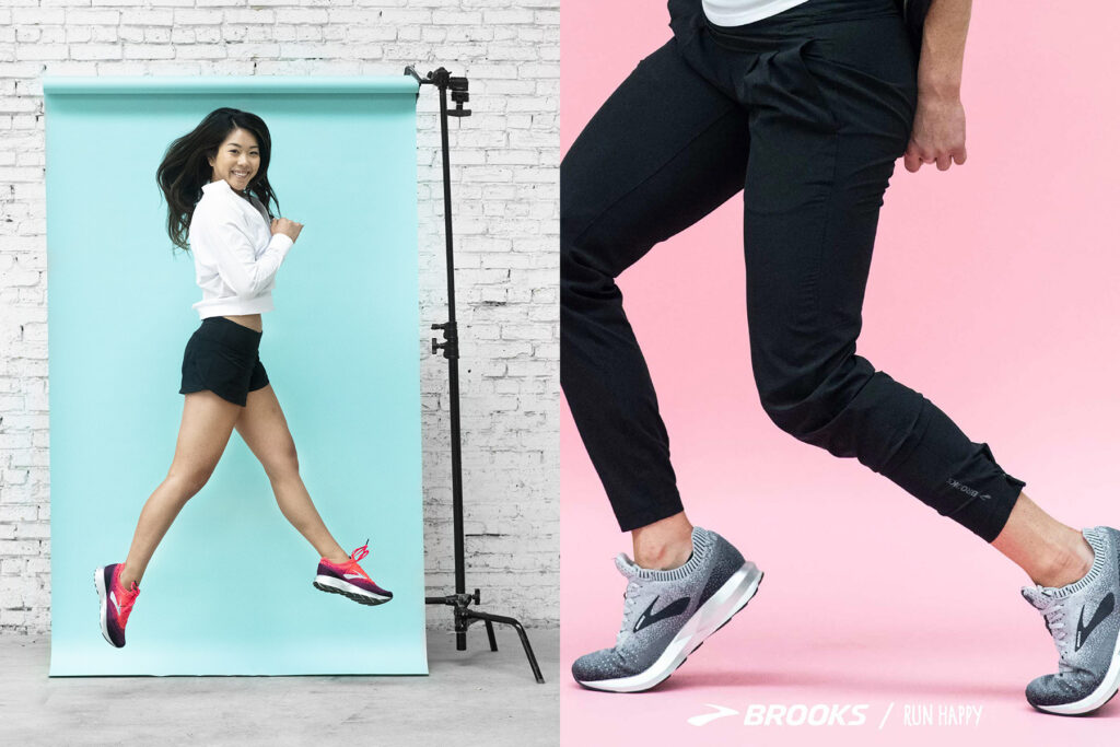 Two athletes energetically pose against a pick and blue back drop in a warehouse in Chicago as part of a social media campaign with influencers. photos were also used in e-commerce. Photographed by Jonathan Hanson.