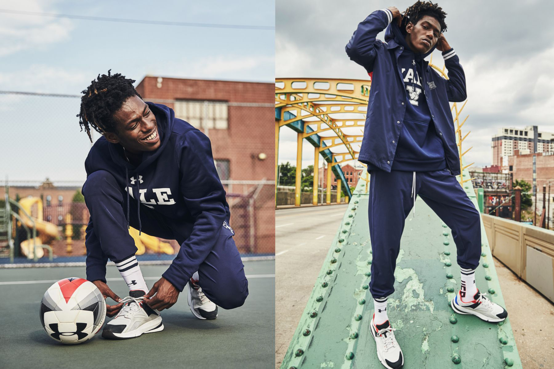 Split image: On the left, a man in a blue YALE tracksuit squats on a tennis court tying his shoe next to a volleyball. On the right, he stands on a bridge, touching his head, wearing the same outfit and sneakers.