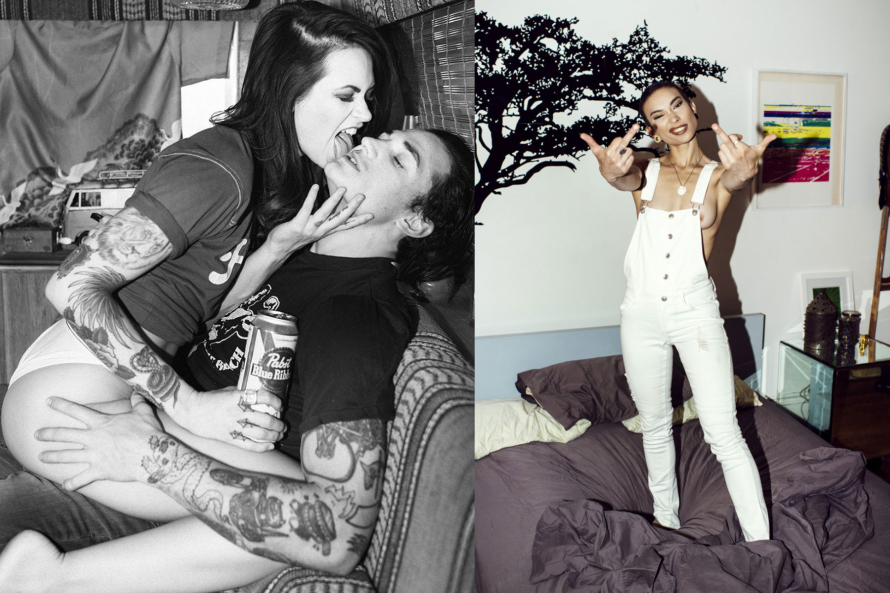 A split image: on the left, a tattooed couple shares an intimate, playful moment on a couch; on the right, shot by a fashion editorial photographer in New York, a smiling woman in white overalls gestures playfully atop a bed in a colorful room.