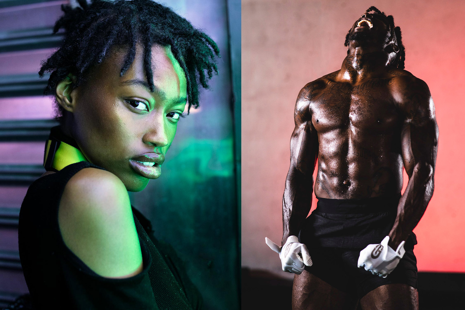 Side-by-side photos: on the left, a person with short dreadlocks and exposed shoulders looks at the camera, lit by green light; on the right, Tyreek Hill poses dramatically, captured by a Baltimore advertising photographer.
