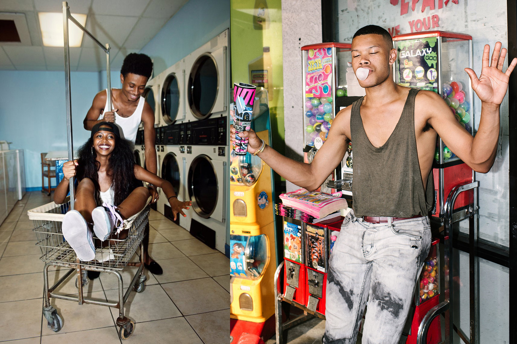 Two young people playfully ride a laundry cart in a laundromat, smiling and laughing—a candid moment captured by a fashion lifestyle photographer in New York. Nearby, a young man eats ice cream and blows bubble gum in front of colorful vending machines.