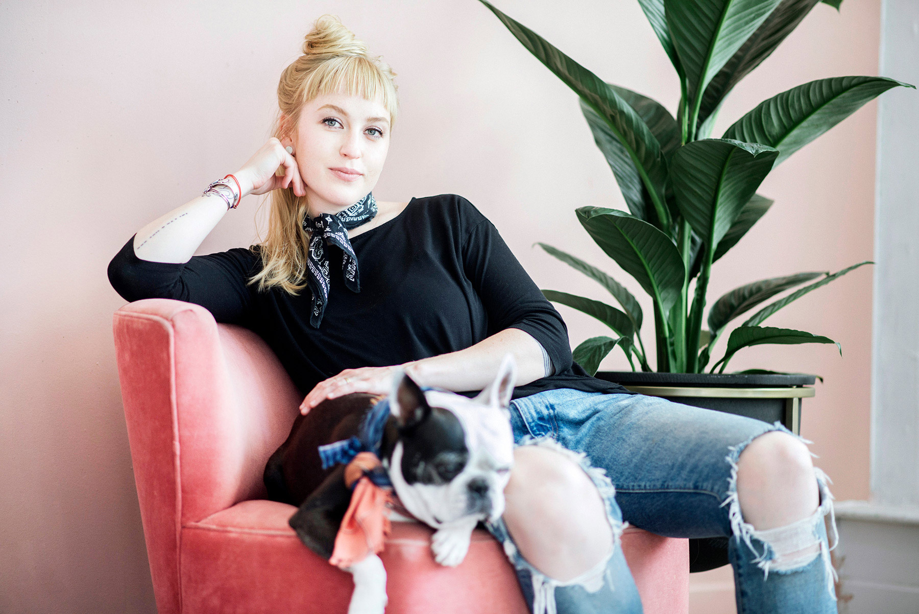 In this portrait advertising campaign by a New York photographer, a woman with blonde hair and a black bandana sits on a pink chair beside a black and white dog. She wears a black top and ripped jeans, with a large green plant against a pale pink wall.