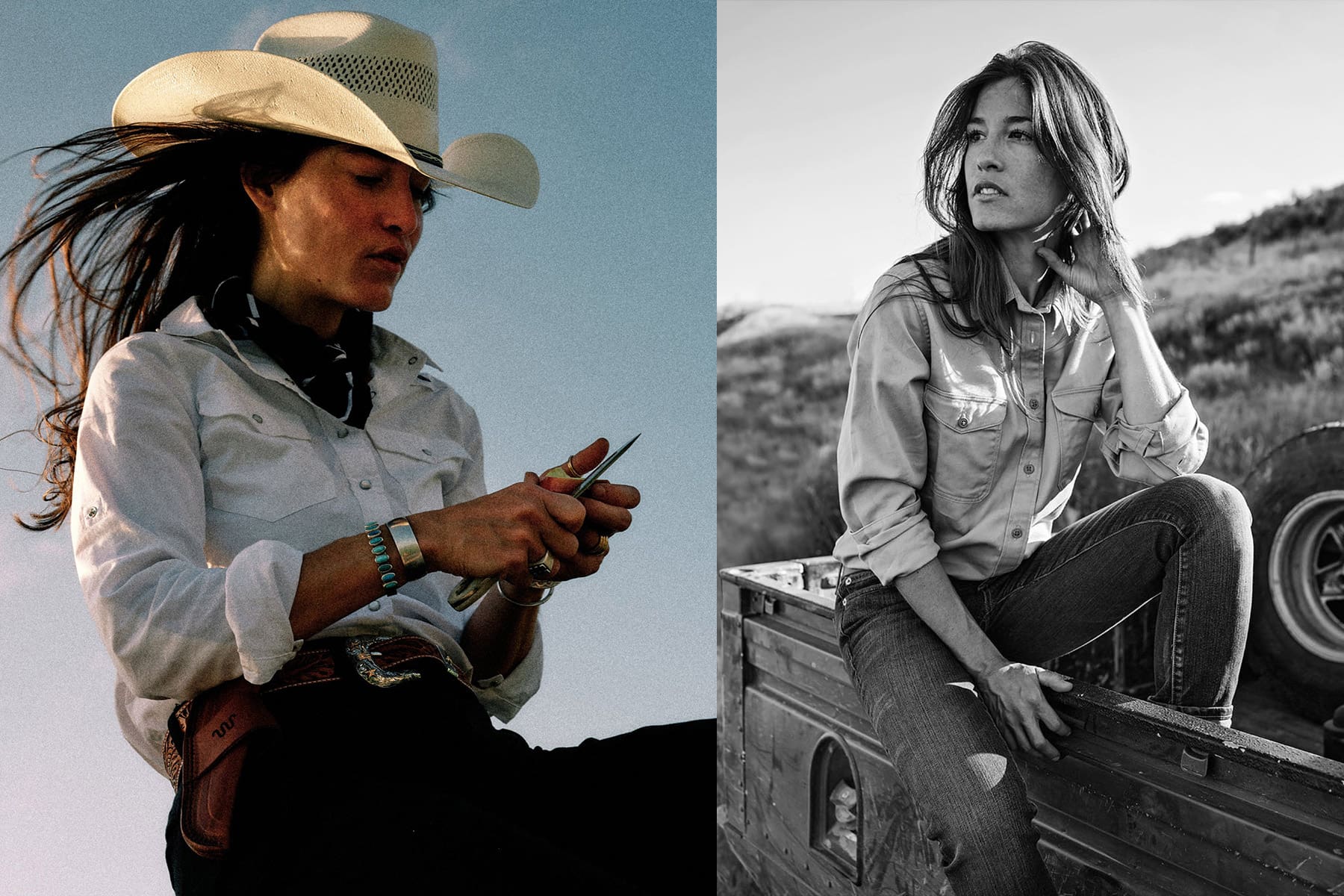 Split image of two women in western attire: on the left, a woman in a cowboy hat and white shirt, inspired by ranching life; on the right, another sits on a wooden fence, gazing into the distance—a scene captured by fashion photographer Travis Gillett.