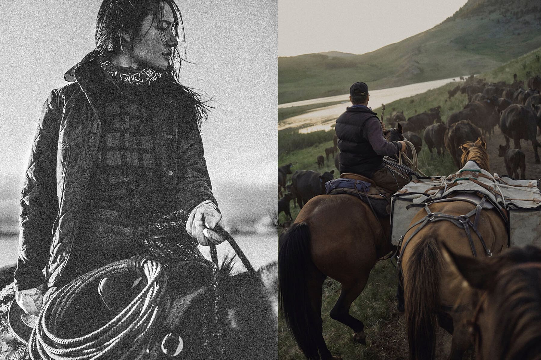 The image is split in two: the left side shows a black-and-white close-up of a woman in western attire, styled by a fashion photographer; the right side depicts Texas cowboys on horseback herding cattle near a lake in a grassy, hilly landscape.