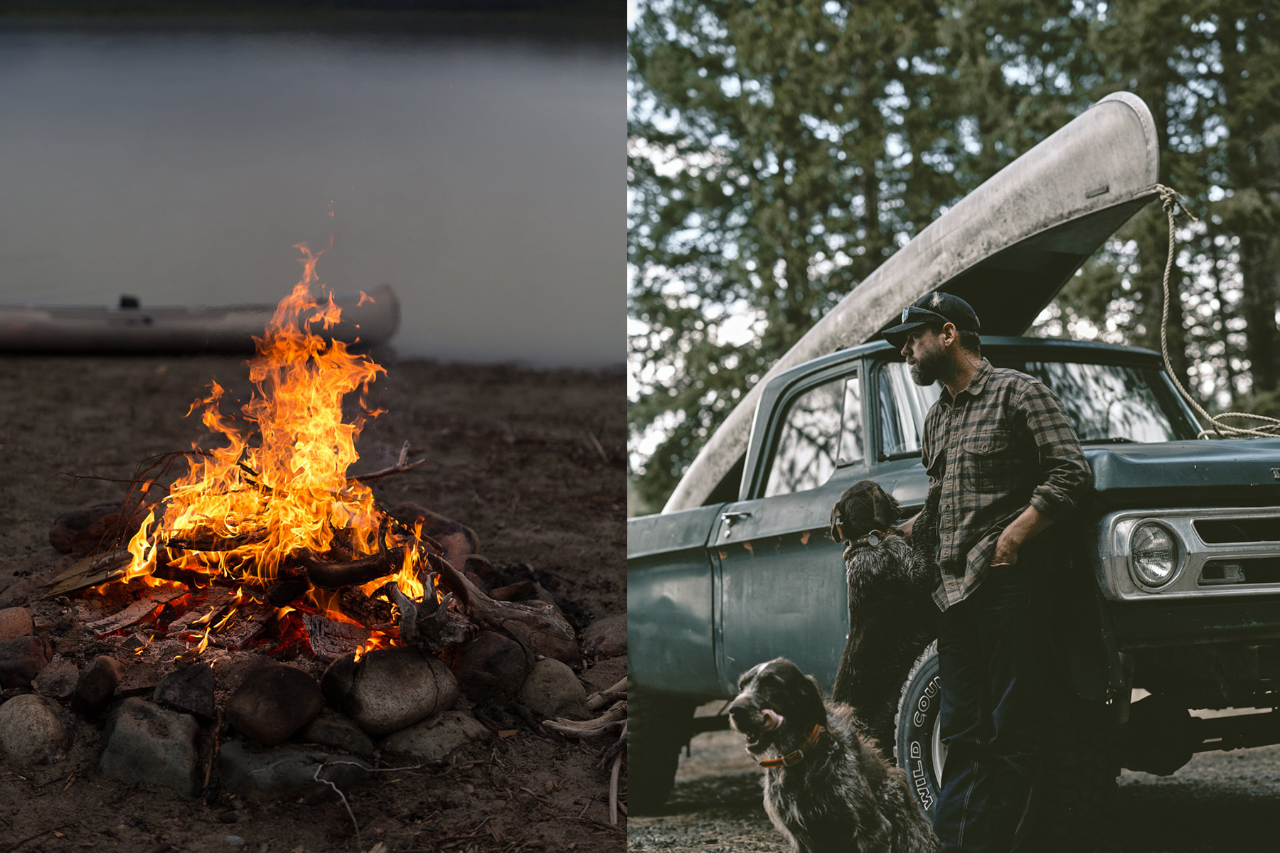 A campfire burns on rocky ground near water on the left; on the right, a man stands by a green truck with a canoe on top and two dogs, surrounded by trees.