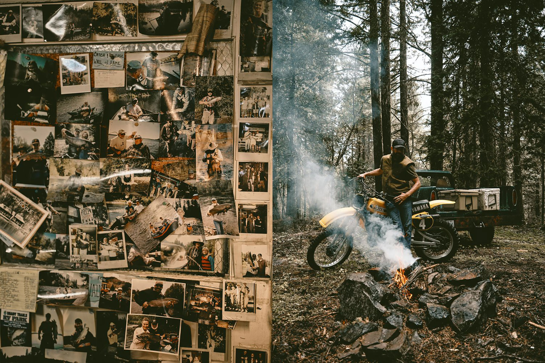 A split image: on the left, a wall covered with various photographs and notes; on the right, a person on a yellow dirt bike by a campfire in a wooded area, with a truck parked in the background.