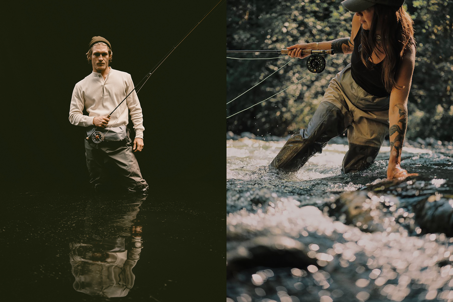 Split image: On the left, a man in fishing gear stands in shallow water with a fishing rod. On the right, a person in waders crouches in a fast-flowing river, also holding a fishing rod.