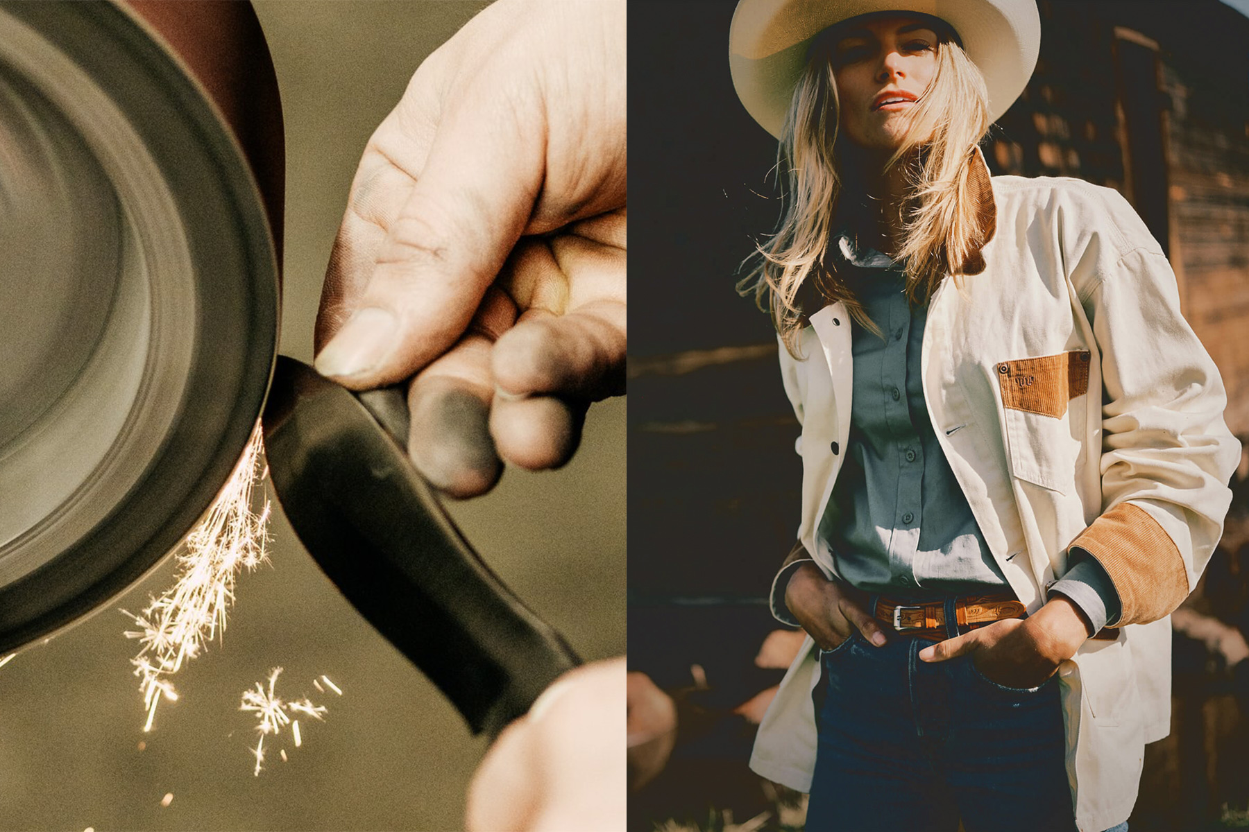 Left: Close-up of a hand sharpening a knife on a spinning grinder, creating sparks. Right: A person in a cowboy hat and ranch-style clothing stands confidently outdoors, hands on hips.