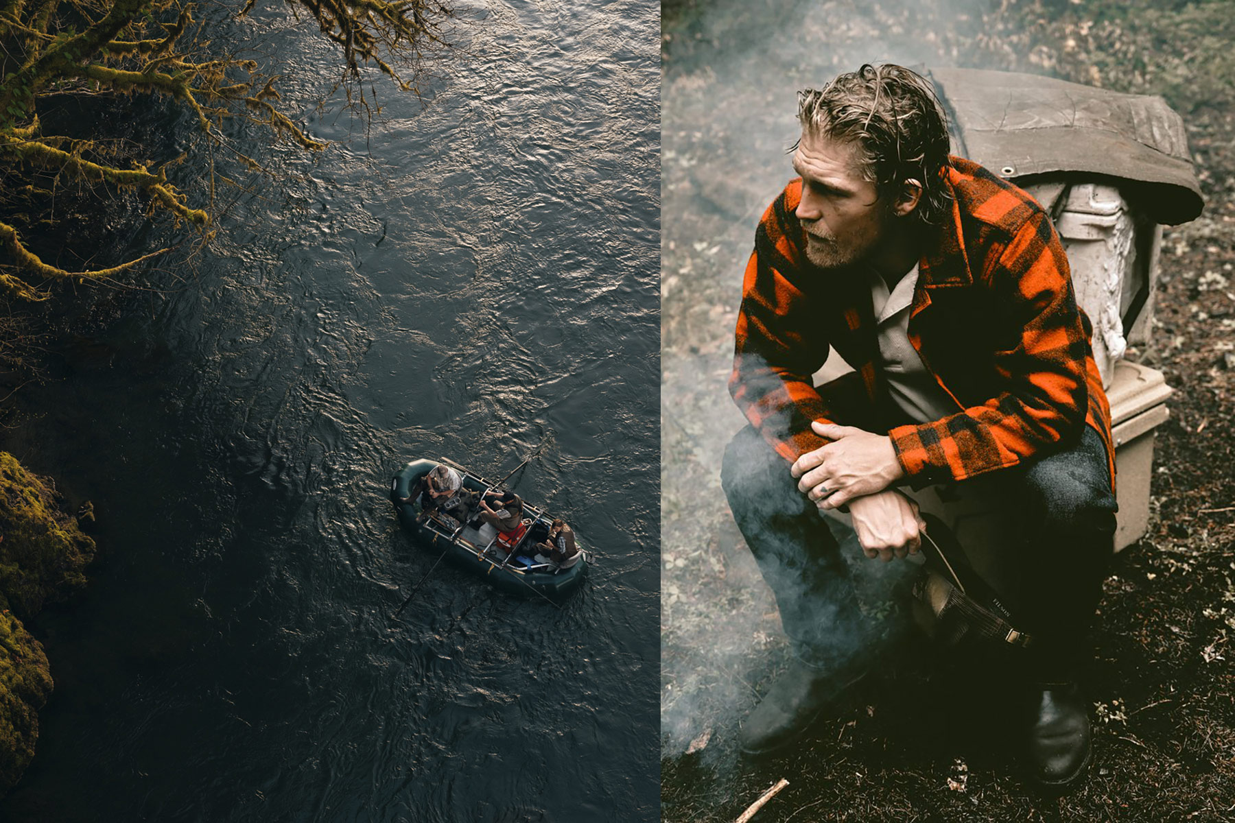 Split image: On the left, an overhead view of two people paddling a small inflatable raft down a river; on the right, a man in a red plaid jacket sits outdoors on a log, surrounded by smoke, looking thoughtfully ahead.