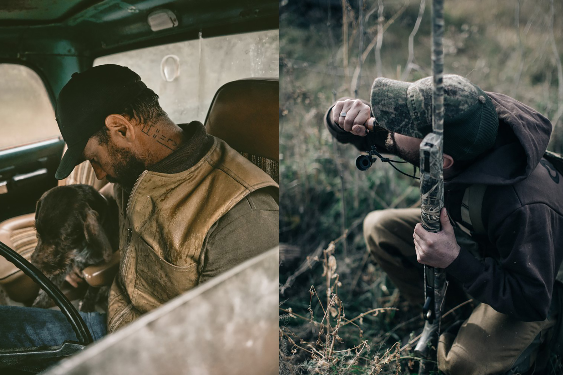A man sits in a truck with a dog on the left; on the right, a man in camouflage crouches outdoors, looking through a compass while holding a rifle.