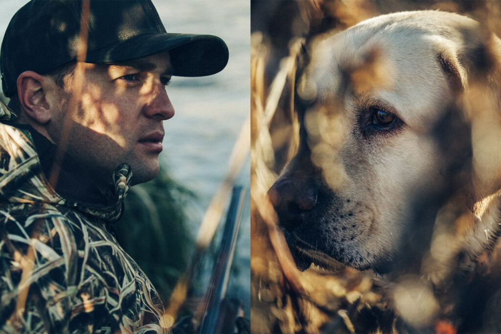 A dog and his owner hunt ducks.