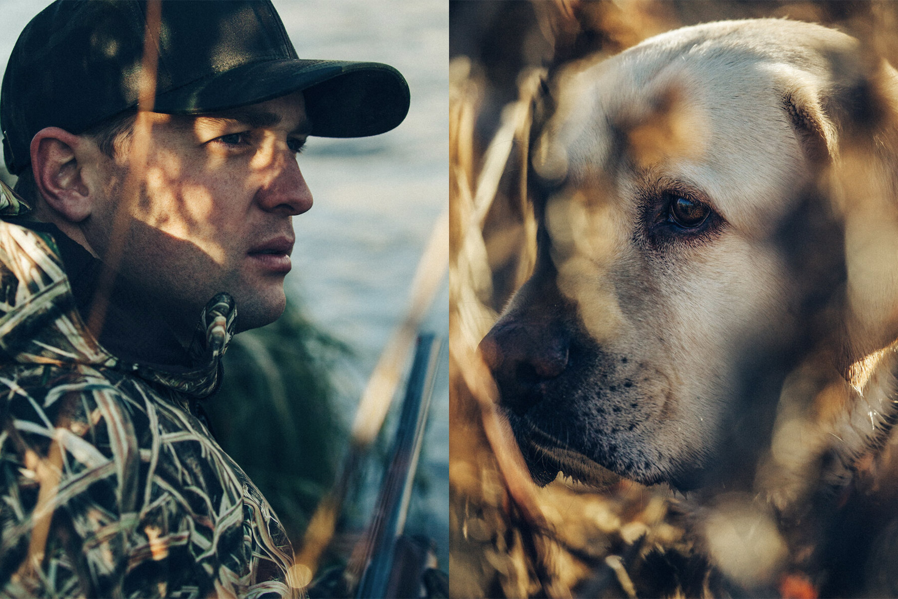 A dog and his owner hunt ducks. Yellow lab. Man in camo, hunter.