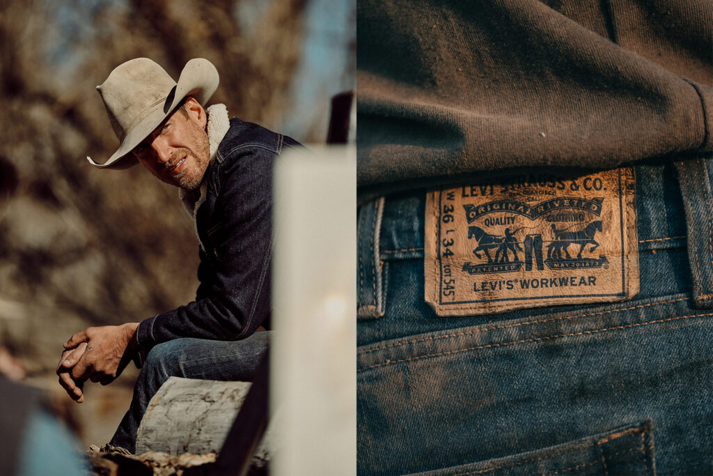 A rancher and cowboy works on the ranch in Santa Fe featuring his Levi's.