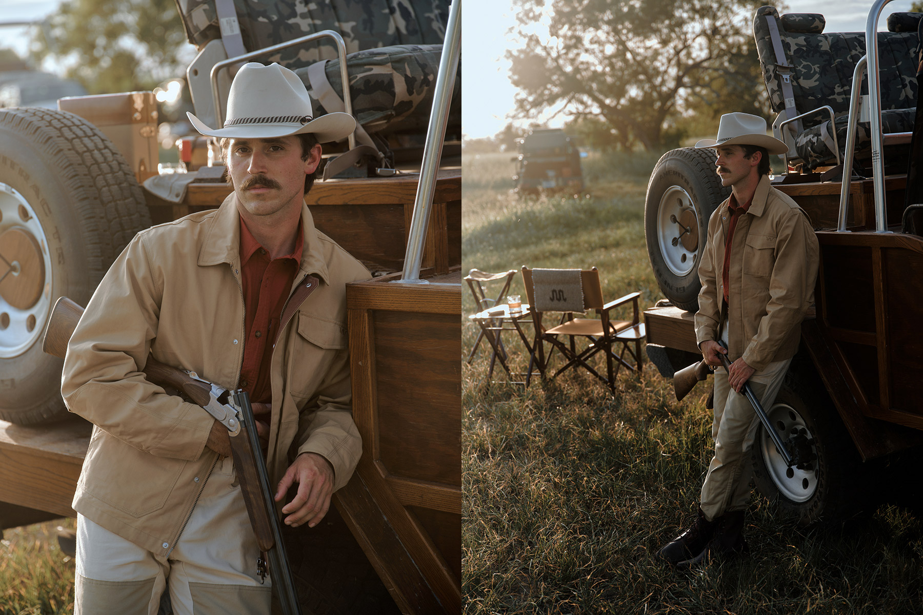 A man wearing a cowboy hat, tan jacket, and boots stands outdoors by a wooden trailer in rural Texas, holding a rifle. The scene—captured by hunting fashion photographer Travis Gillett—features tall grass, trees, and folding chairs nearby.