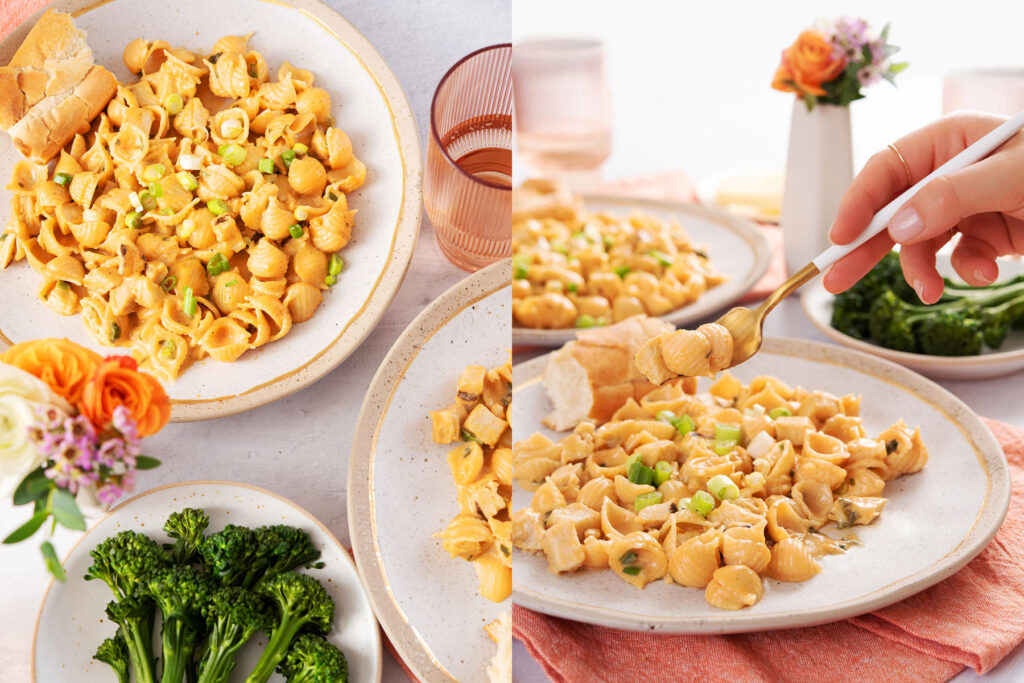 Plates of pasta and veggies, photographed from overhead for Cadence Kitchen.