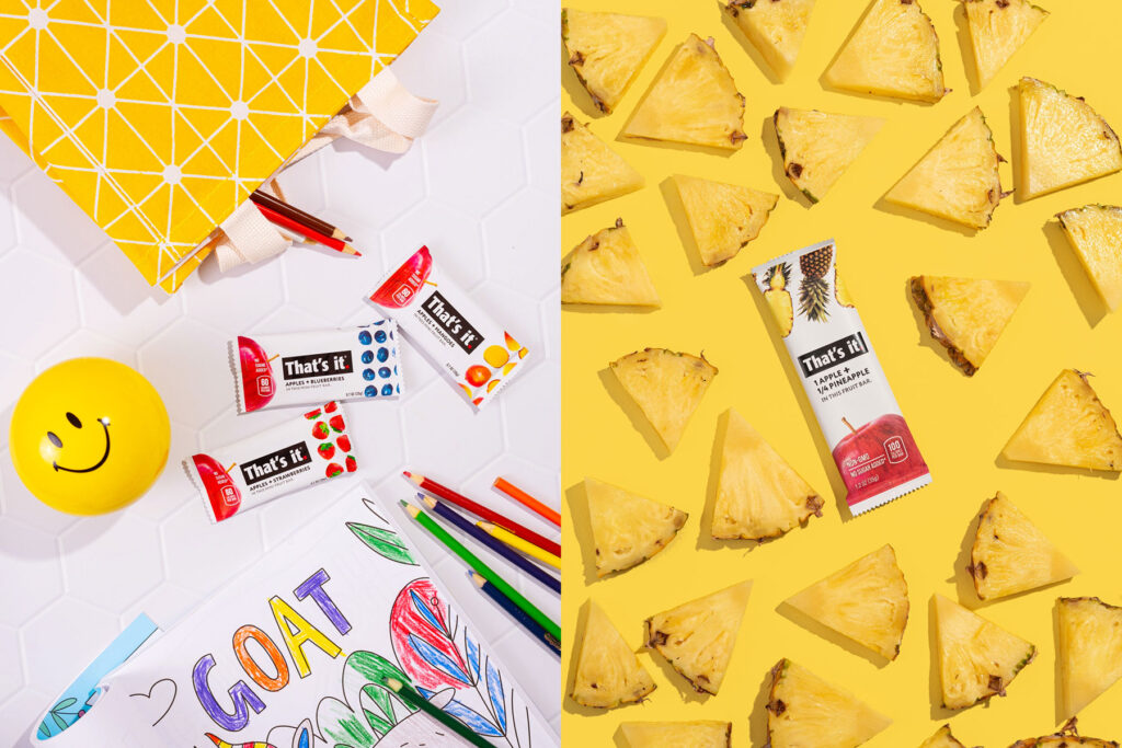 Pineapple and other fruit bars displayed on bright colored backgrounds.