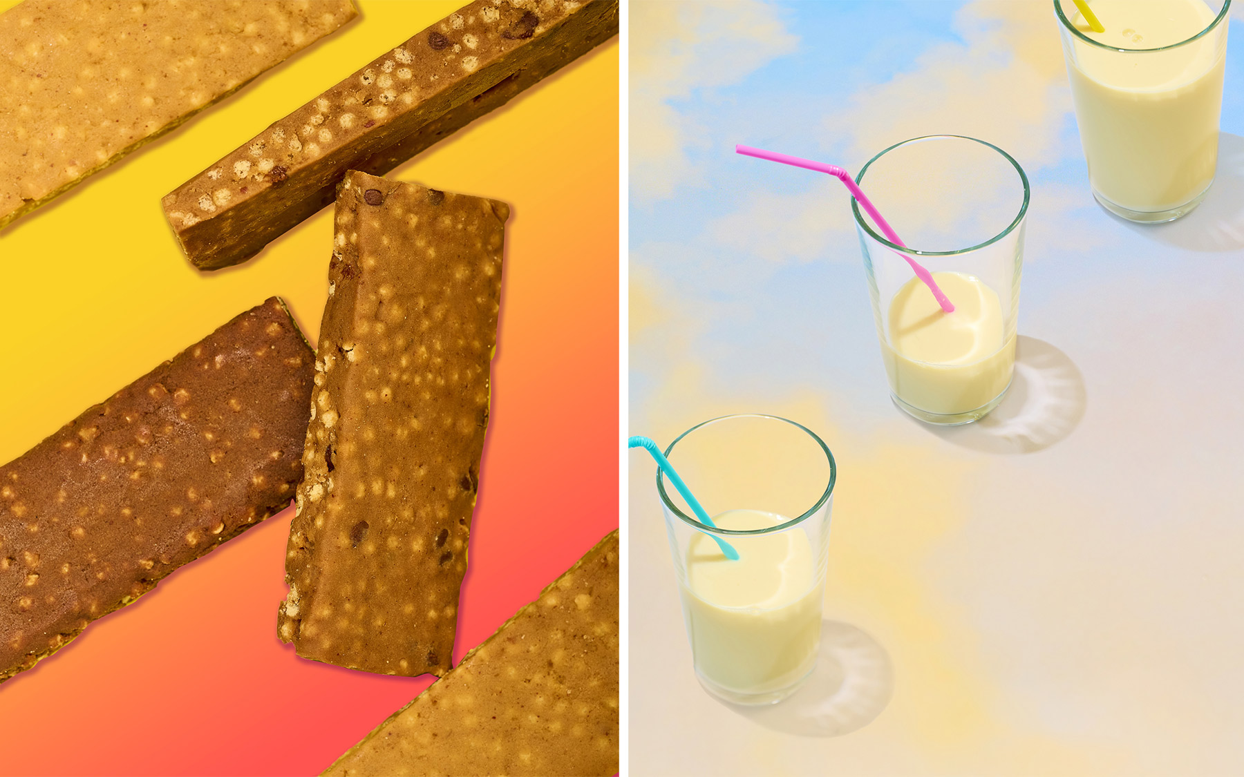 LA food and beverage photographer, Rebecca Peloquin, worked with Soy Connection to capture soy milk and soy based protein bars on brightly colored backgrounds.