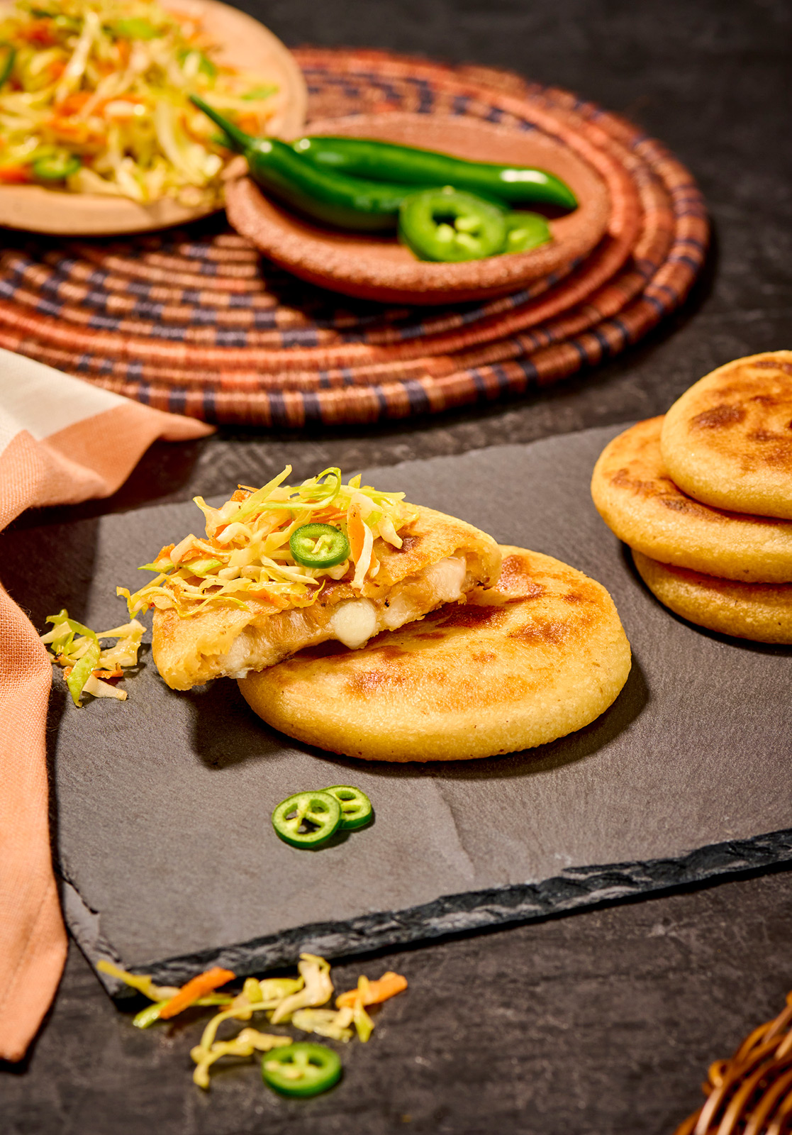 A plate of pupusas photographed by Los Angeles food photographer, Rebecca Peloquin for Del Real's latest rebrand.