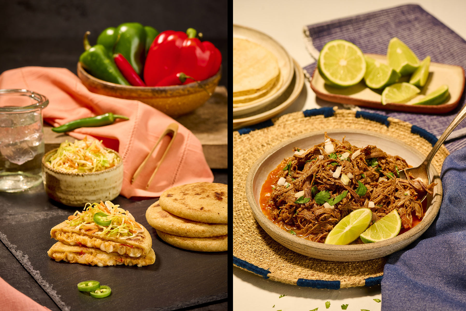 LOS ANGELES food and advertising photographer, Rebecca Peloquin, photographed Del Real's Mexican food like pupusas and shredded beef in beautiful still life imagery showcasing the food on a table with authentic Mexican decoration.