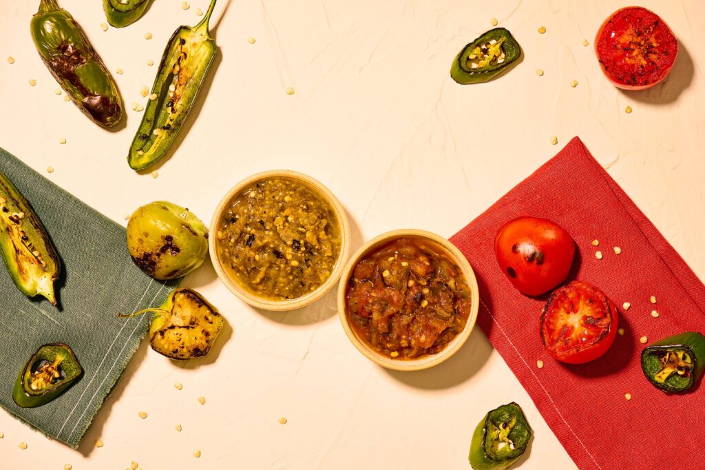 LOS ANGELES food and advertising photographer, Rebecca Peloquin, photographed Del Real's Mexican food like salsa from over head, like in this beautiful still life image.