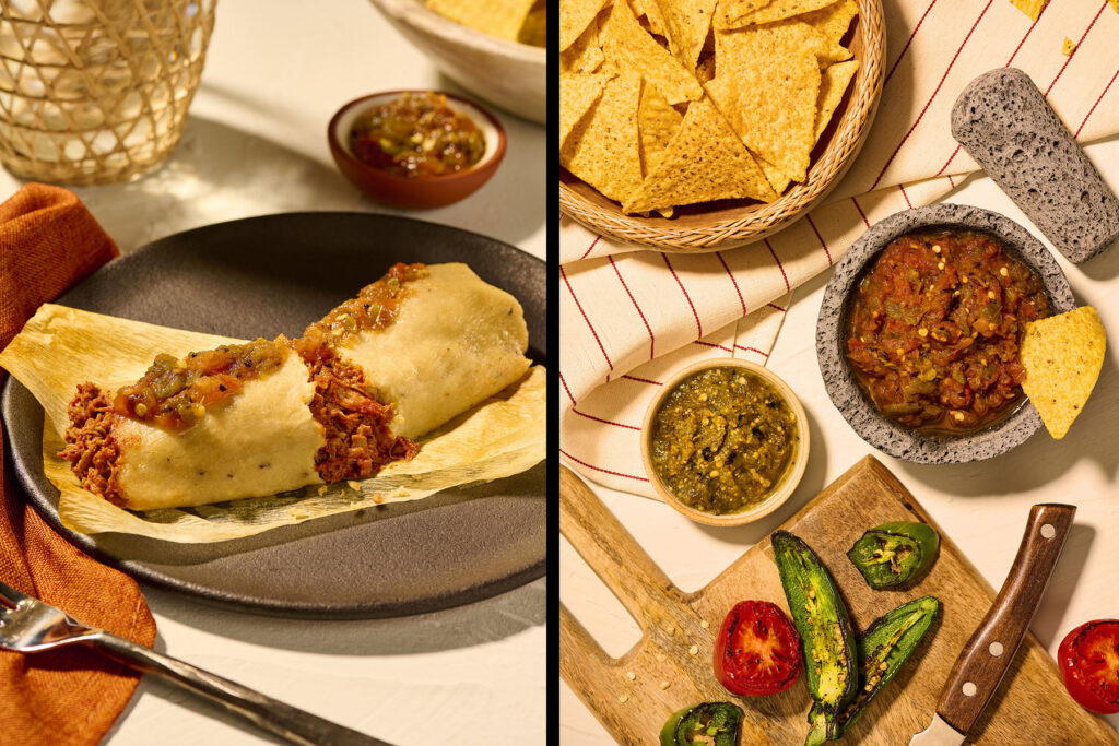 LOS ANGELES food and advertising photographer, Rebecca Peloquin, photographed Del Real's Mexican food like pork tacos, salsa, rice and tortillas from an overhead POV, showing off the authentic Mexican ingredients.