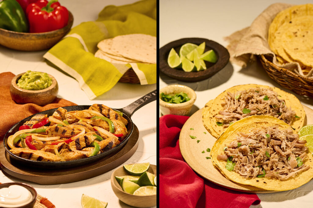 LOS ANGELES food and advertising photographer, Rebecca Peloquin, photographed Del Real's latest packaging rebrand, featuring pork tacos and chicken fajitas, plated on an Mexican table.