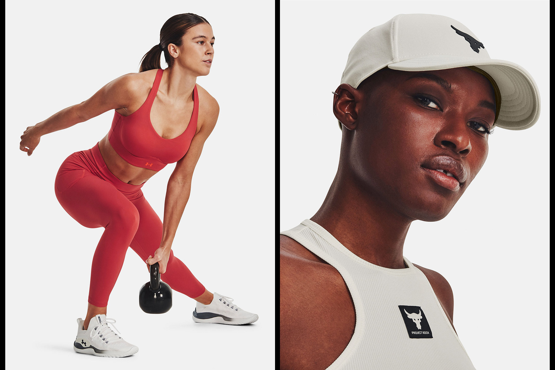 Two fitness models exercise with kettle bells.
