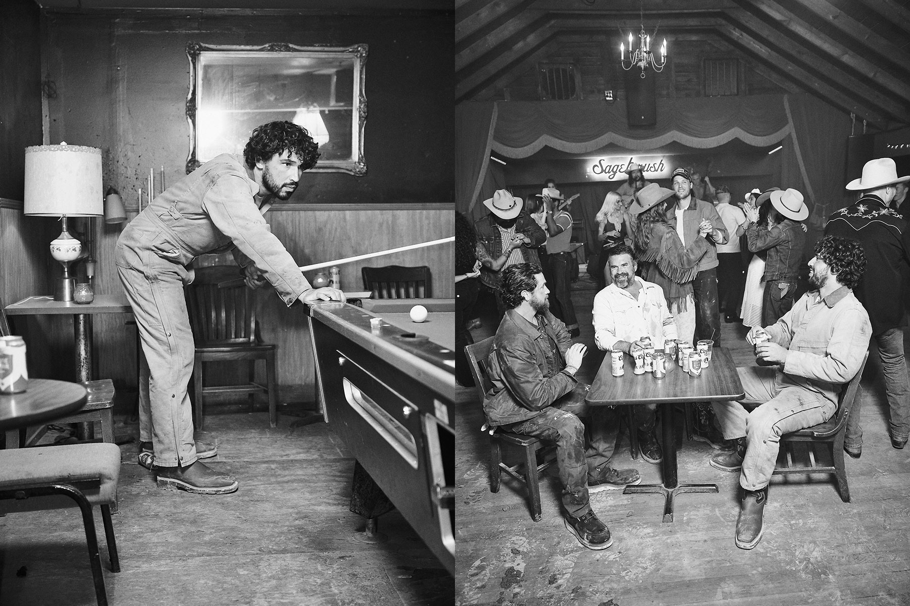 Construction workers and friends party in a honky tonk and bar in Texas, shooting pool after work in these black and white advertising images.