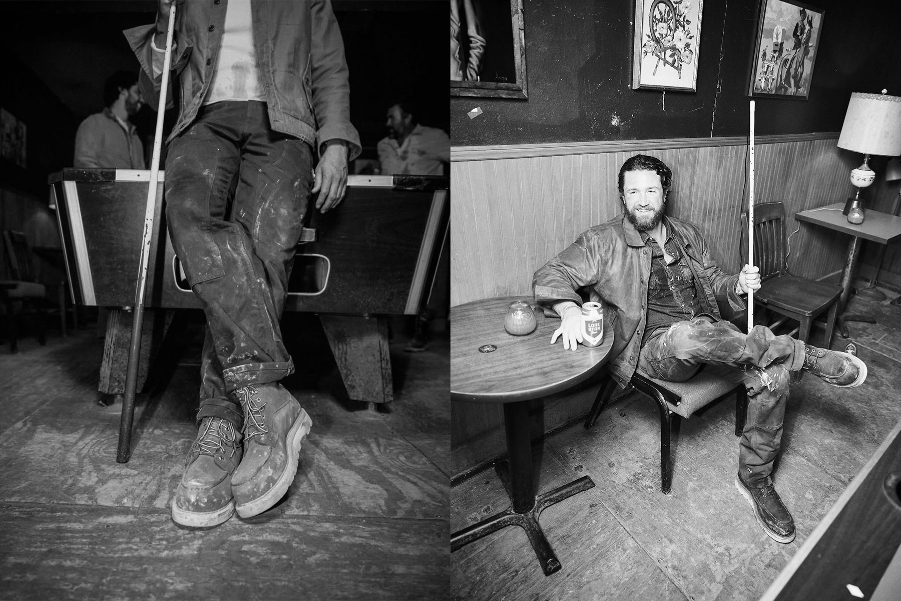 A construction work plays pool in a Texas bar in ad for Tecovas.