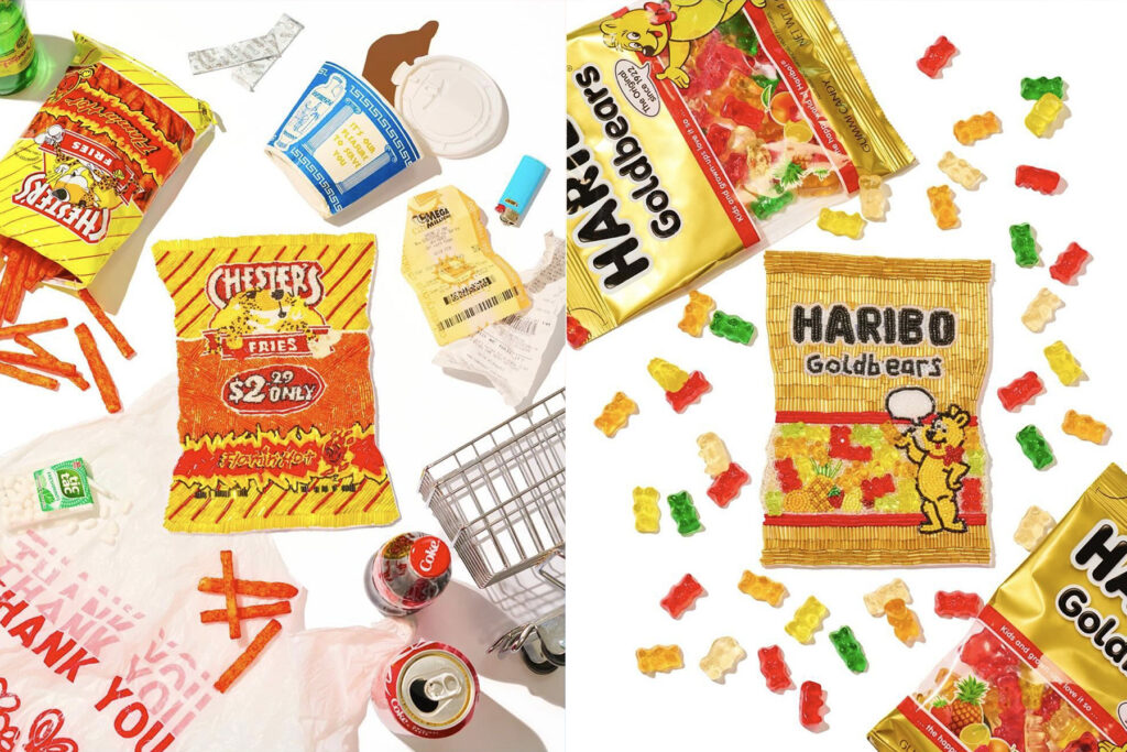 On the left, a beaded Chester’s Hot Fries bag sits among fast-food debris—an empty fry cup, a lighter, receipts, and the classic plastic "Thank You" bag—giving it a casual, late-night bodega feel. On the right, a beaded Haribo Goldbears bag is surrounded by scattered gummy bears, its shimmering threads mimicking the glossy plastic of the actual product.
