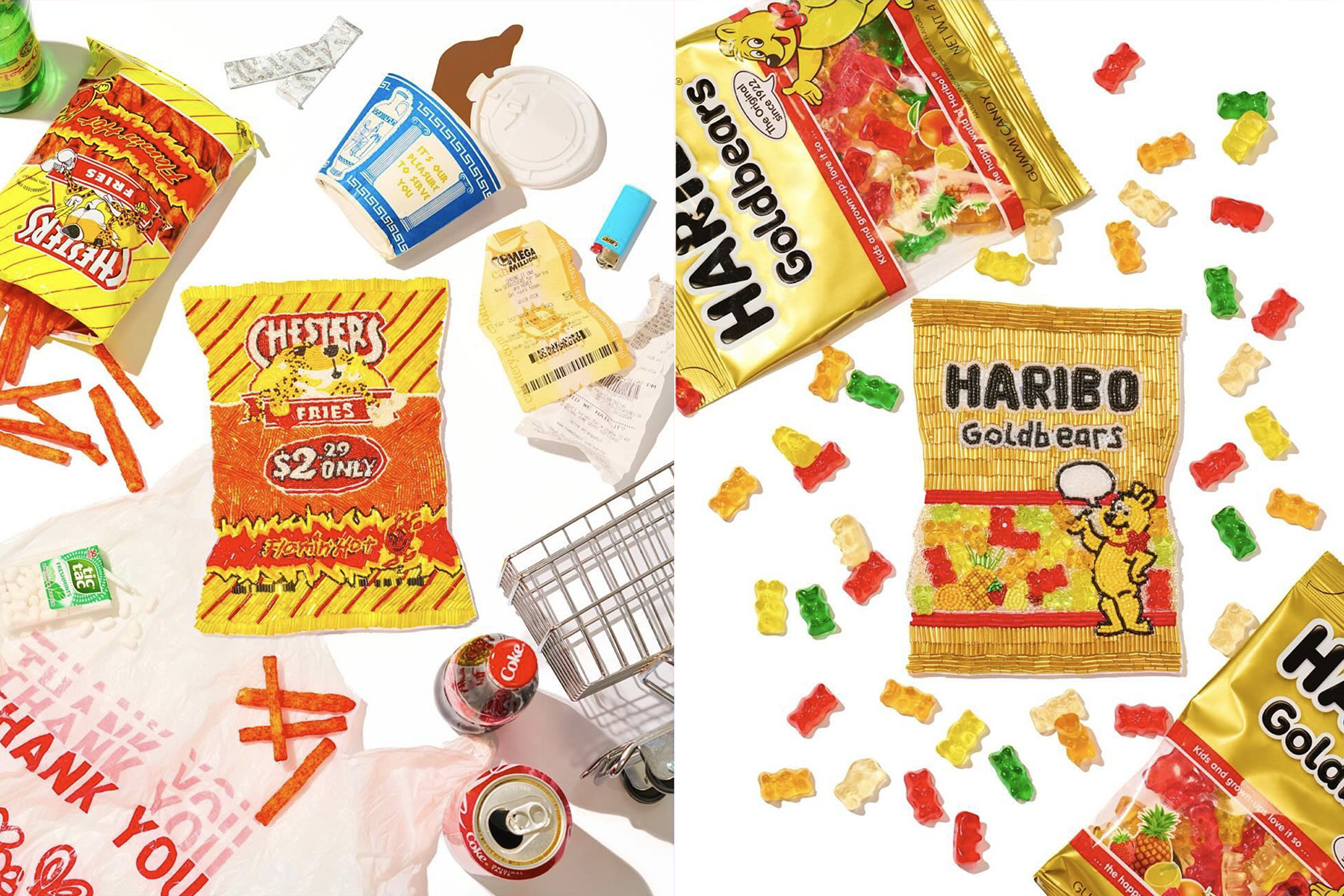 On the left, a beaded Chester’s Hot Fries bag sits among fast-food debris—an empty fry cup, a lighter, receipts, and the classic plastic "Thank You" bag—giving it a casual, late-night bodega feel. On the right, a beaded Haribo Goldbears bag is surrounded by scattered gummy bears, its shimmering threads mimicking the glossy plastic of the actual product.