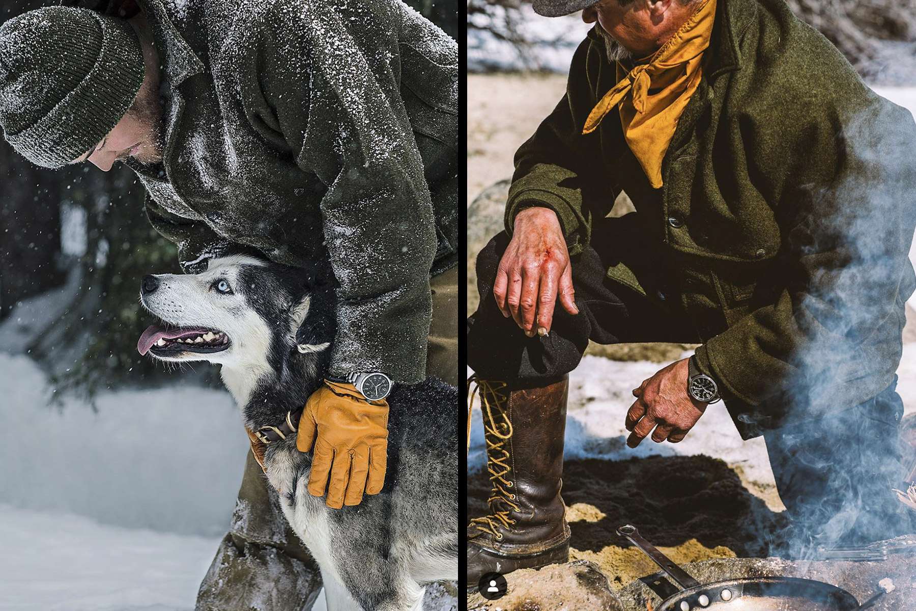 A split-frame outdoor lifestyle photograph by Seattle-based advertising photographer Travis Gillett. On the left, a man in a wool coat and gloves embraces a blue-eyed husky in a snowy setting. On the right, a rugged outdoorsman crouches by a fire, his hands weathered from the elements. The image showcases high-end fashion photography with a focus on adventure and craftsmanship.