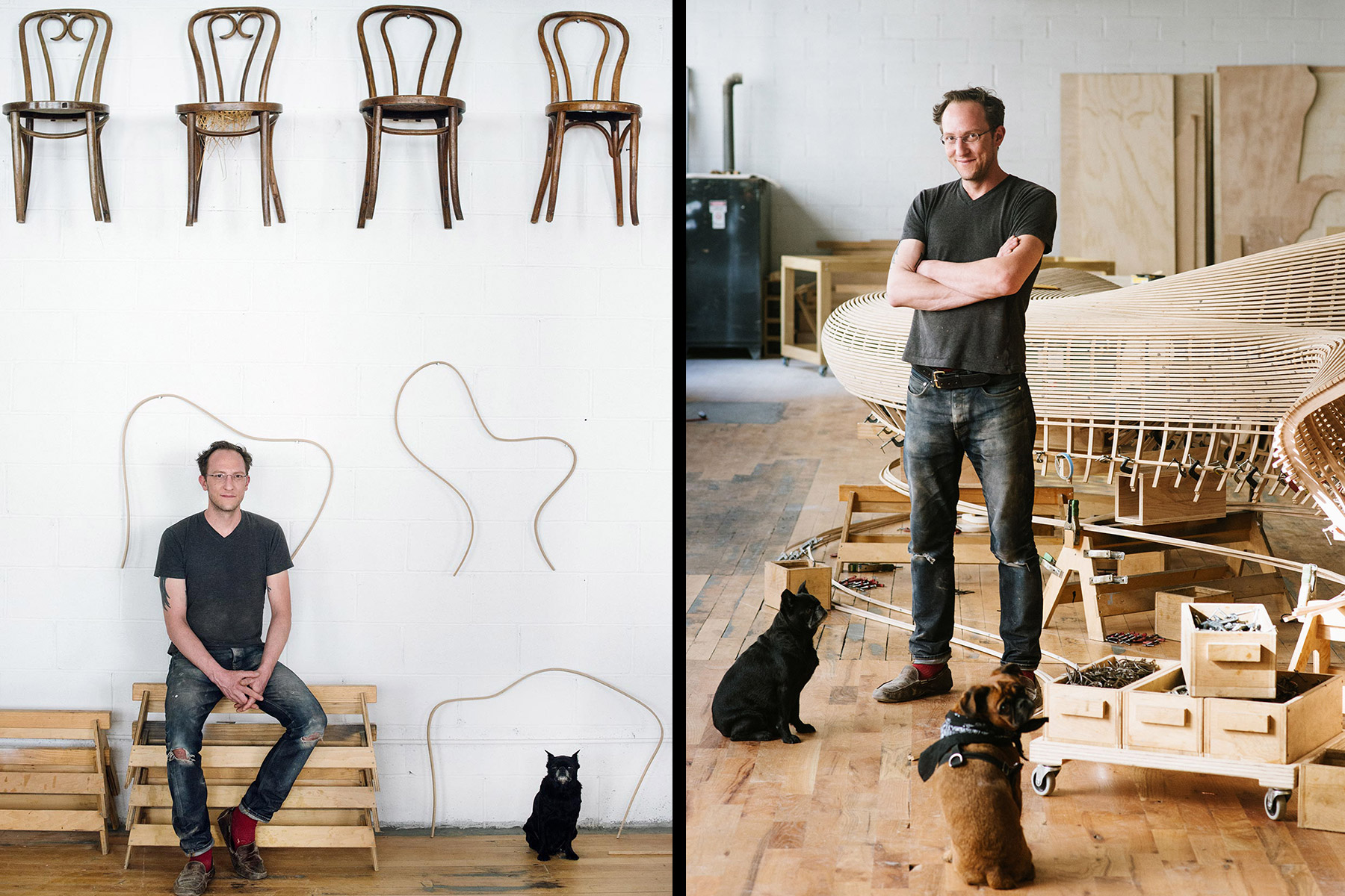 "Environmental portrait of a craftsman in a woodworking studio, photographed by New York portrait photographer Jonathan Hanson for an advertising campaign. The diptych features a man seated against a white wall with vintage chairs and bentwood frames in one panel and standing beside an intricate wooden structure with two dogs in the other, showcasing the artistry of handcrafted design.