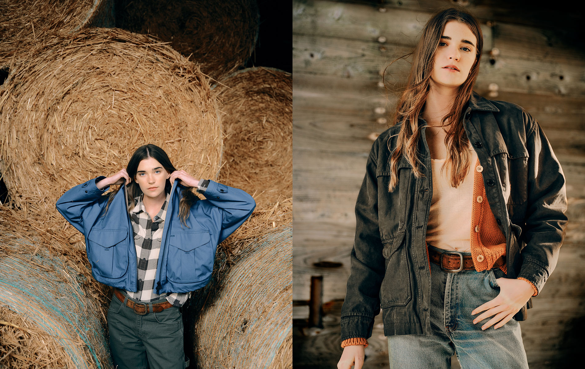 Side-by-side photos by Portland fashion and apparel photographer Travis Gillett show a woman with long hair in casual jackets: adjusting a blue one before hay bales, then posing in a dark brown jacket by a wooden wall.