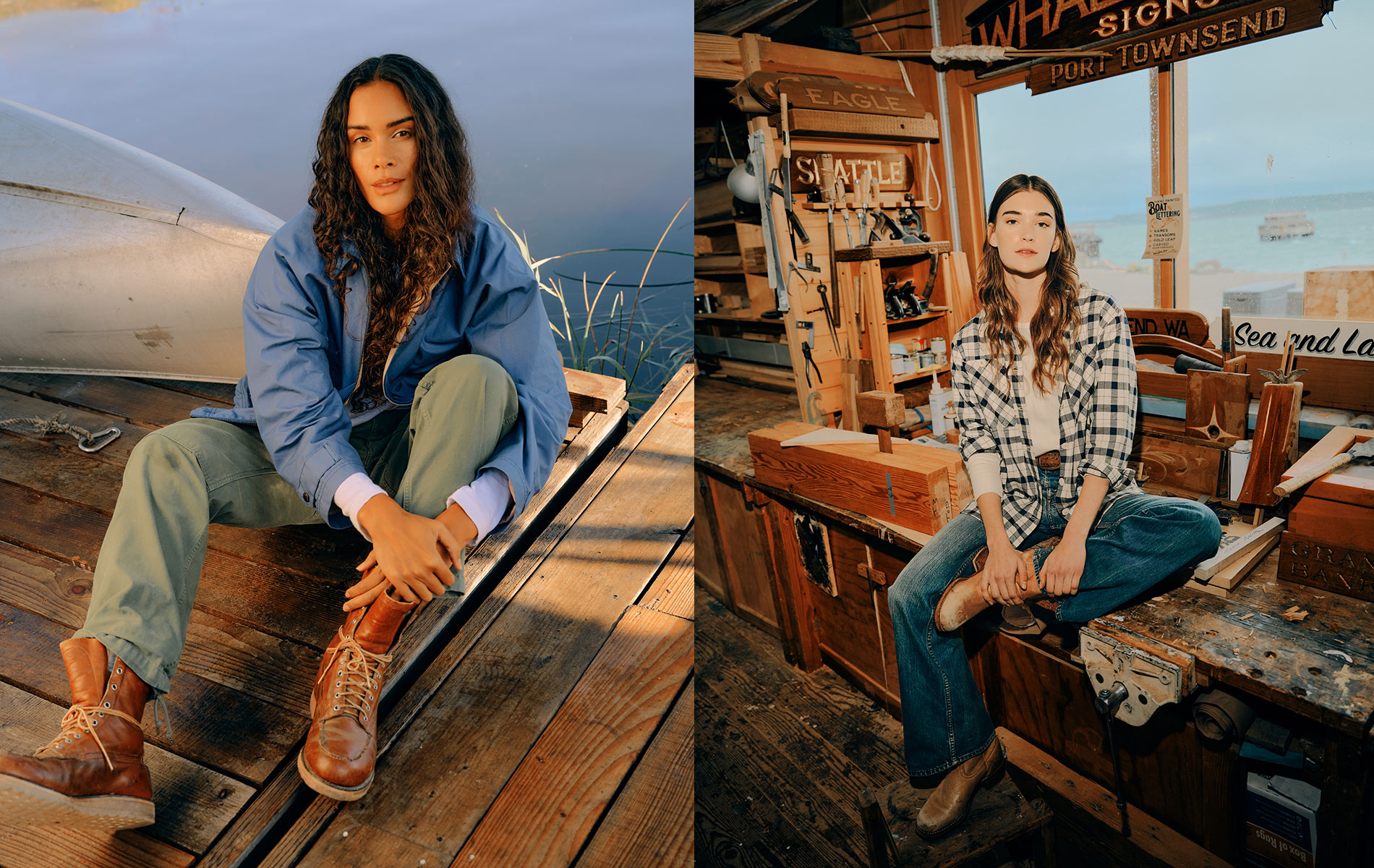 Split image: On the left, a woman in a blue jacket and boots sits on a wooden dock by water. On the right, Portland fashion and apparel photographer Travis Gillett captures a woman in plaid and boots sitting in a rustic, wood-filled workshop.