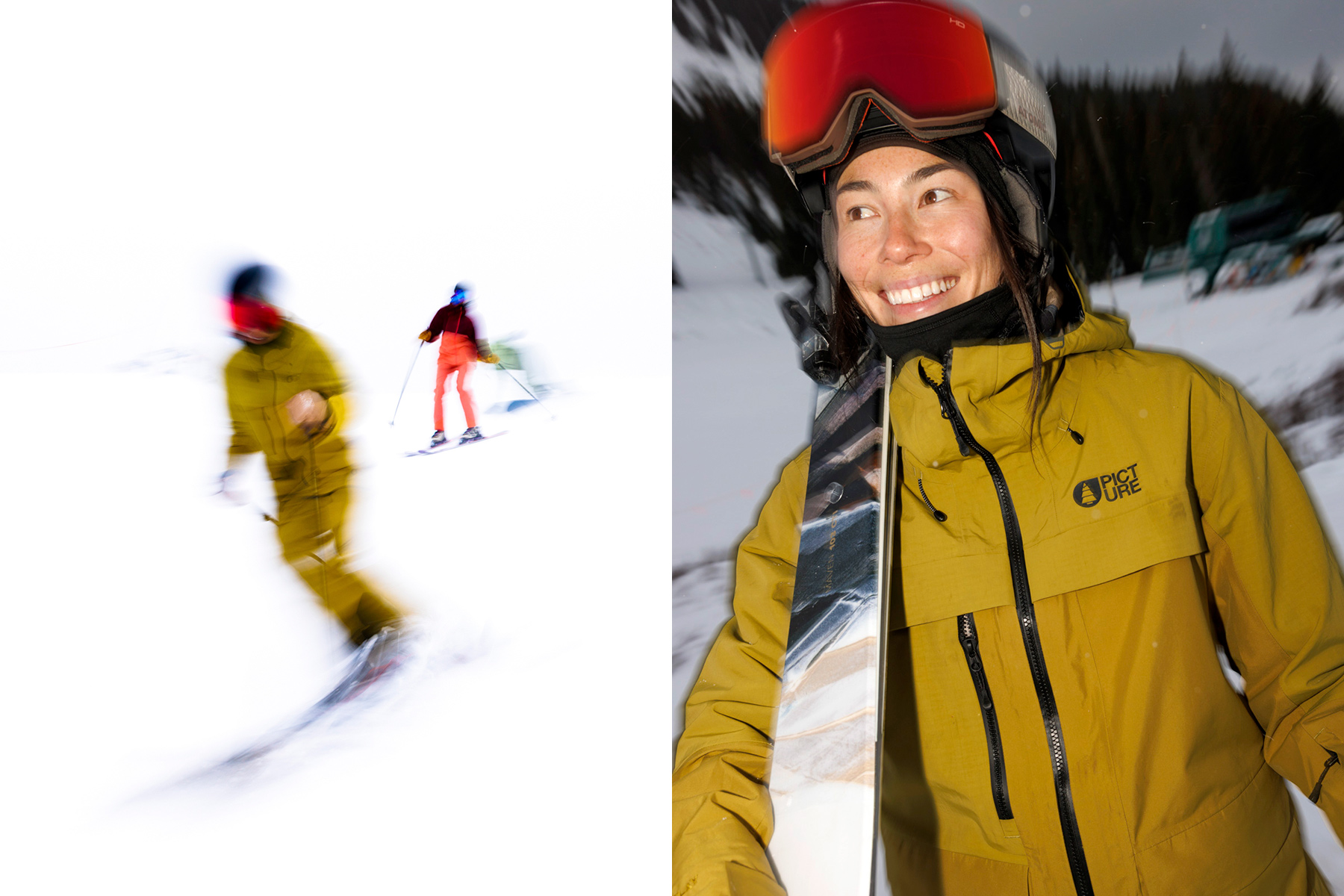 Split image: Left, two skiers in motion blur on snowy slope; right, a smiling person in a yellow ski jacket and red goggles holds skis, captured by a skilled ski photographer, standing on snow with trees in the background.