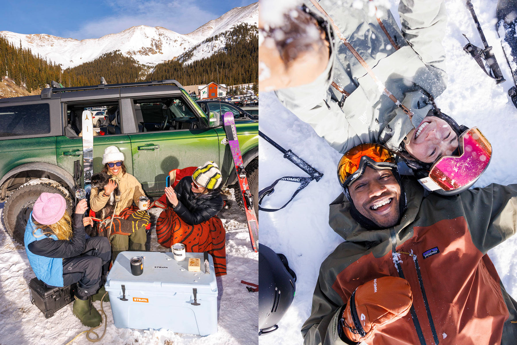 Split image: On the left, five friends in winter gear sit by a parked SUV with skis and a cooler, chatting and laughing. On the right, three people in ski outfits lie on the snow, posing for a selfie—an ideal shot for any Idaho ski photographer.