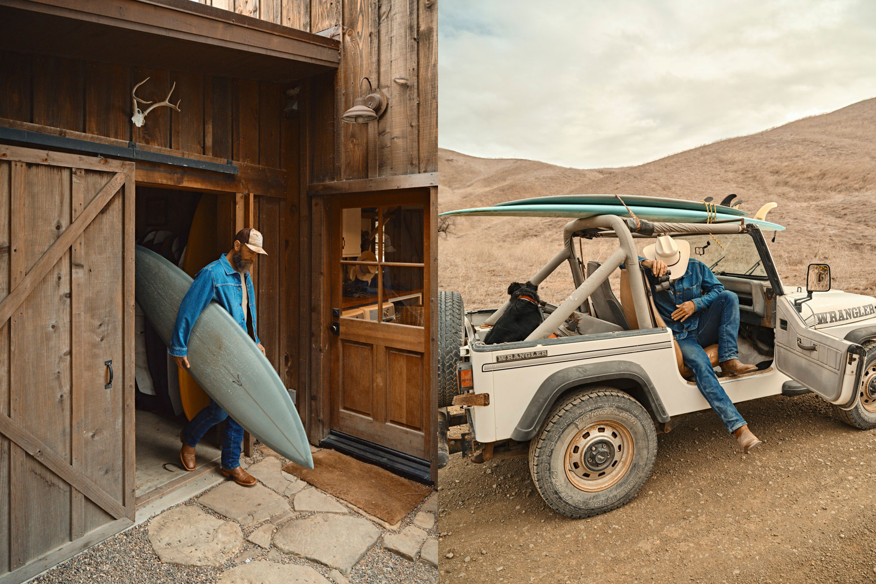 Keith Malloy in workwear—a denim jacket and cap—carries a surfboard from a rustic barn; on the right, Los Angeles photographer Travis Gillett captures him strapping the board onto a white Jeep in a hilly, dry landscape.