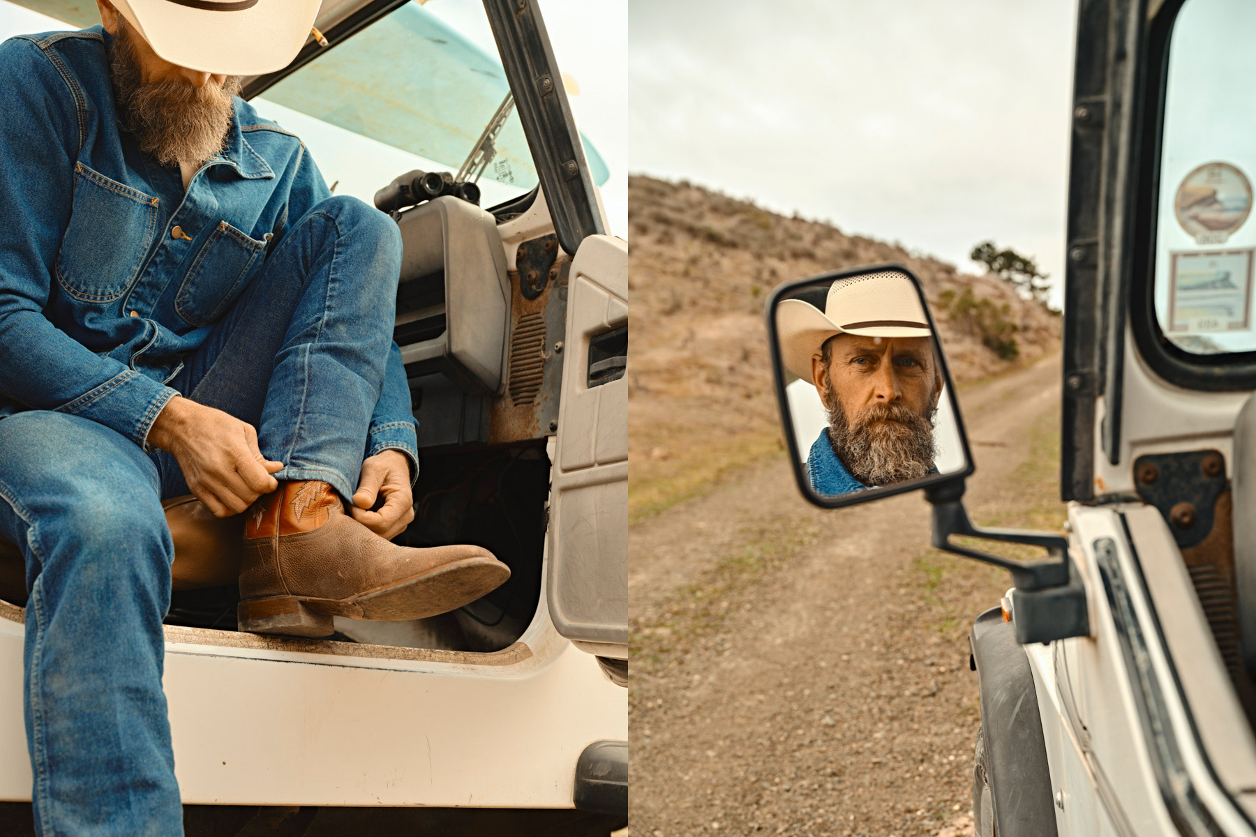 A man in denim and a cowboy hat puts on boots beside an open jeep door. The right side shows his reflection in the side mirror, with a rugged landscape beyond—captured by footwear photographer Travis Gillett for Tecovas.