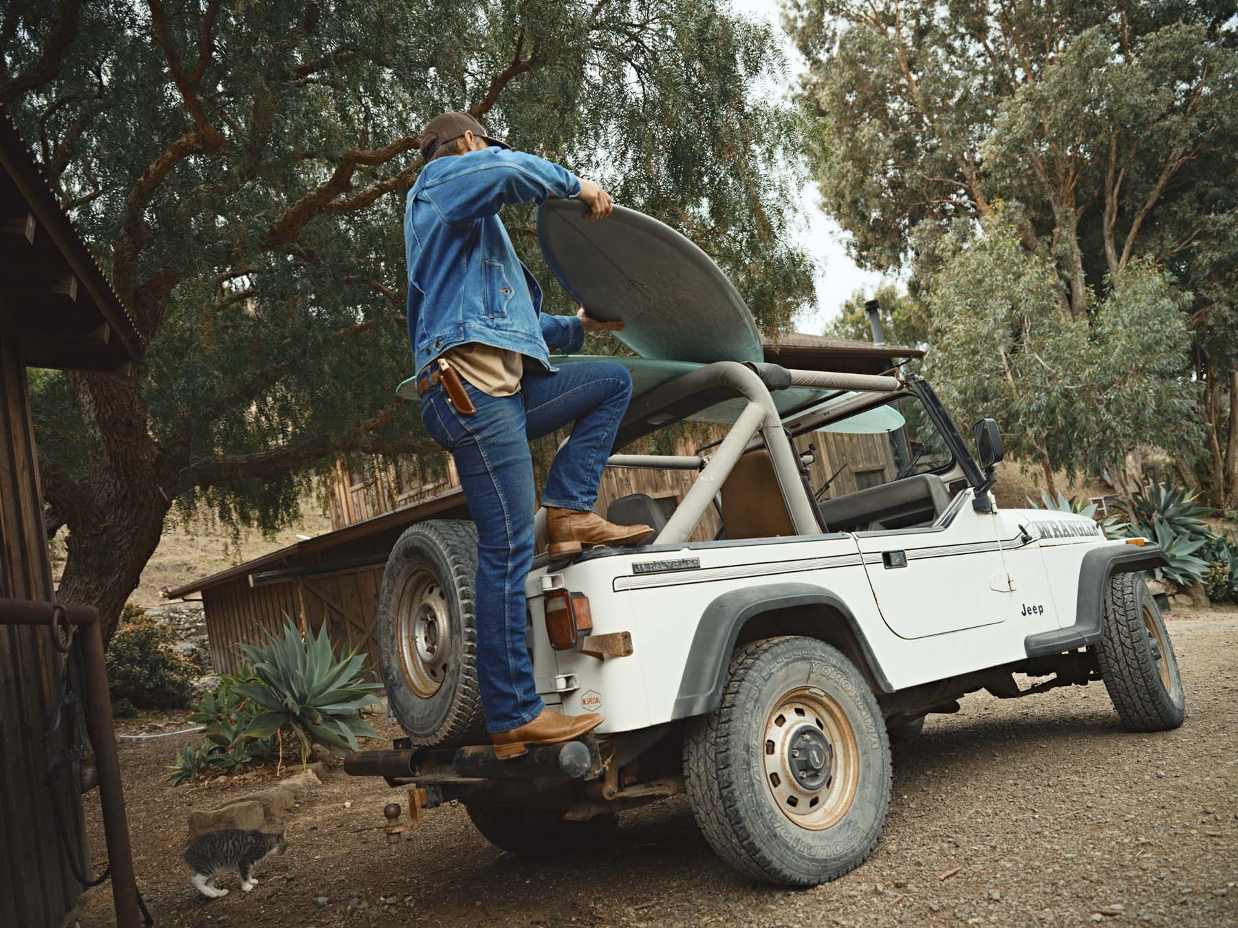 A person in a denim jacket and jeans loads a surfboard onto the roof of a white Jeep, captured by Los Angeles photographer Travis Gillett. Nearby, a gray cat strolls past the vehicle’s rear tire, with trees and a wooden building in the background.