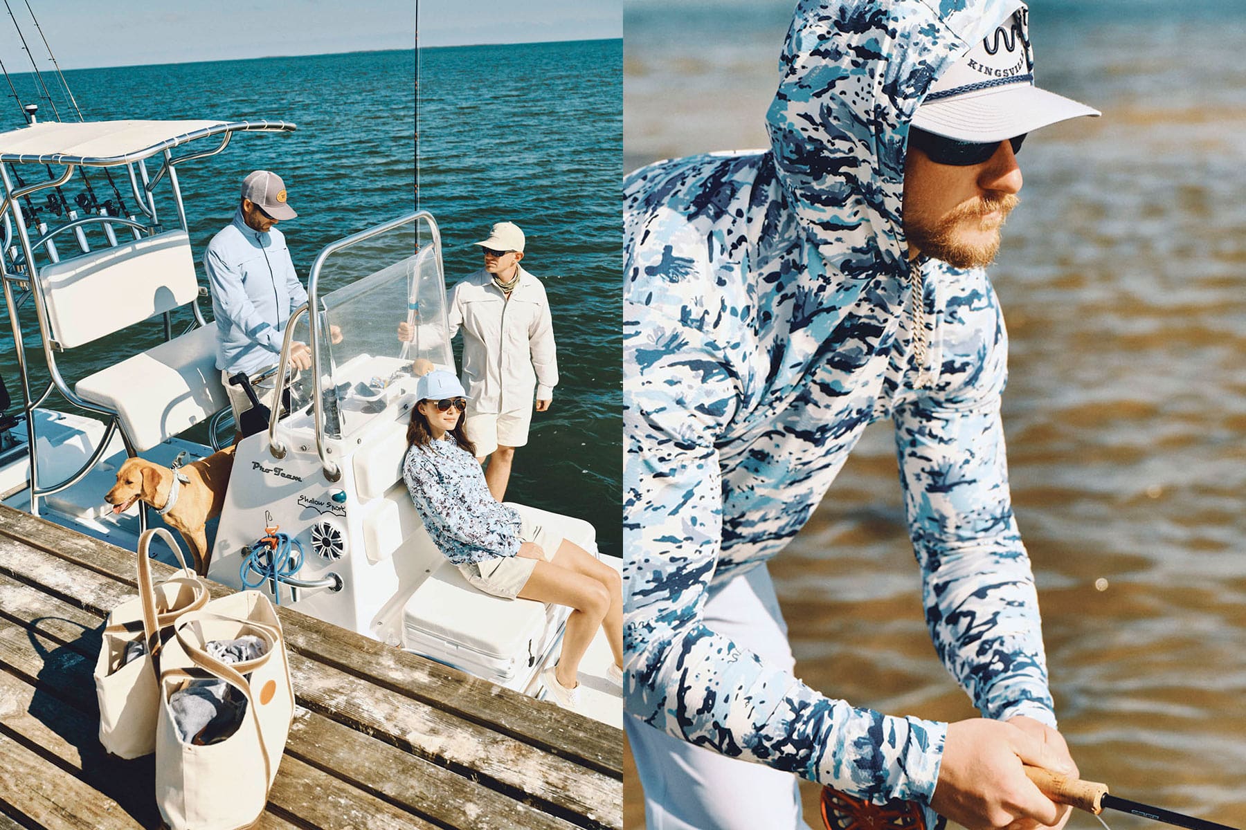 Four people and a dog enjoy a day of fishing; three stand on a boat by the water with fishing gear and beach wear, while another man fishes in a blue camo hoodie and cap, all captured like a scene from fashion photographer Travis Gillett.