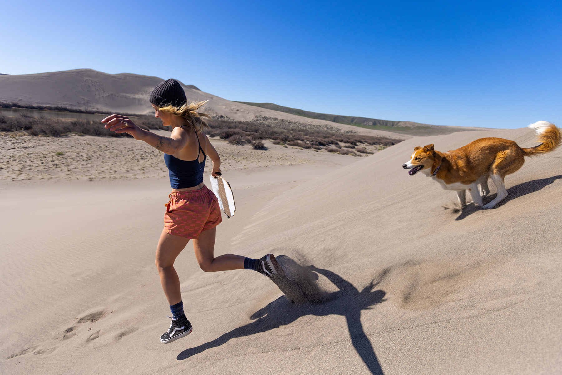 A woman in athletic wear runs barefoot down a sandy dune, holding a white frisbee, while a brown and white dog joyfully chases her under a clear blue sky in this dynamic Sofia Jaramillo capture.