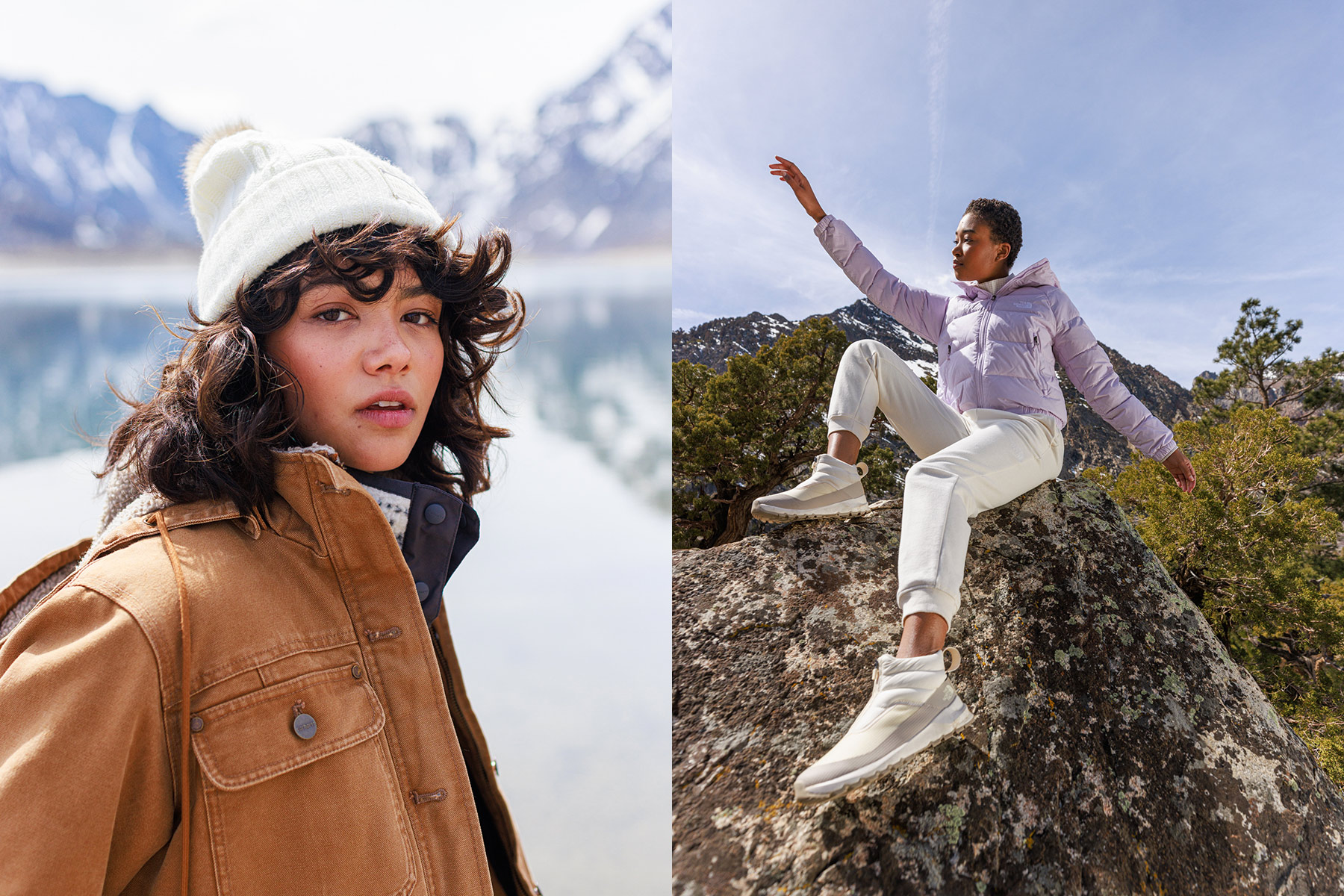 Split image: On the left, a woman in a tan jacket and white beanie stands near a lake with snowy Sun Valley mountains. On the right, a woman in light activewear poses atop a rocky outcrop, reaching upward, captured by a commercial photographer.