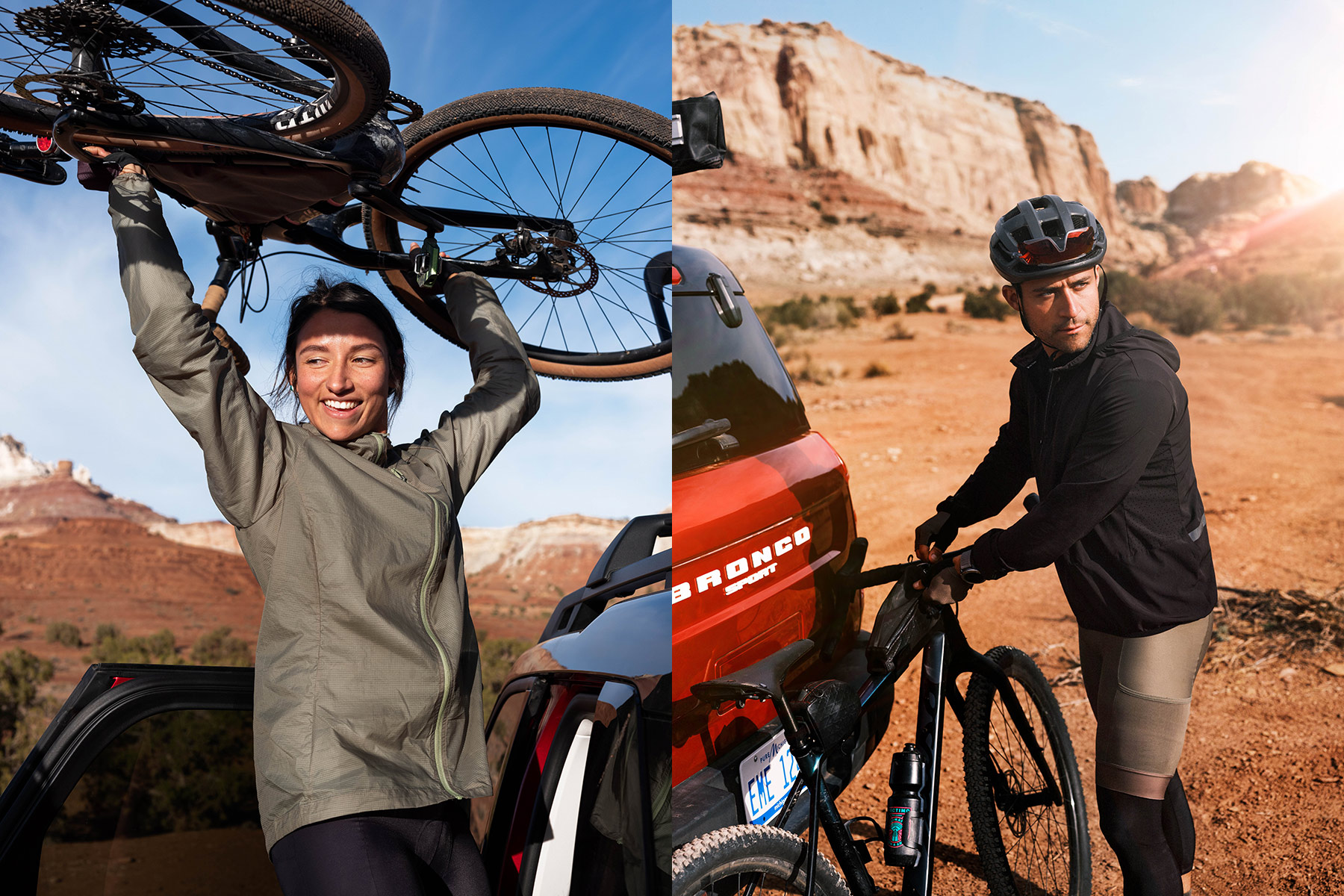 Split image: Left, a smiling cyclist lifts a bike over their head near a vehicle with rocky desert cliffs—captured by automotive photographer Sofia Jaramillo. Right, the cyclist readies their bike beside a red Ford Bronco in the desert.
